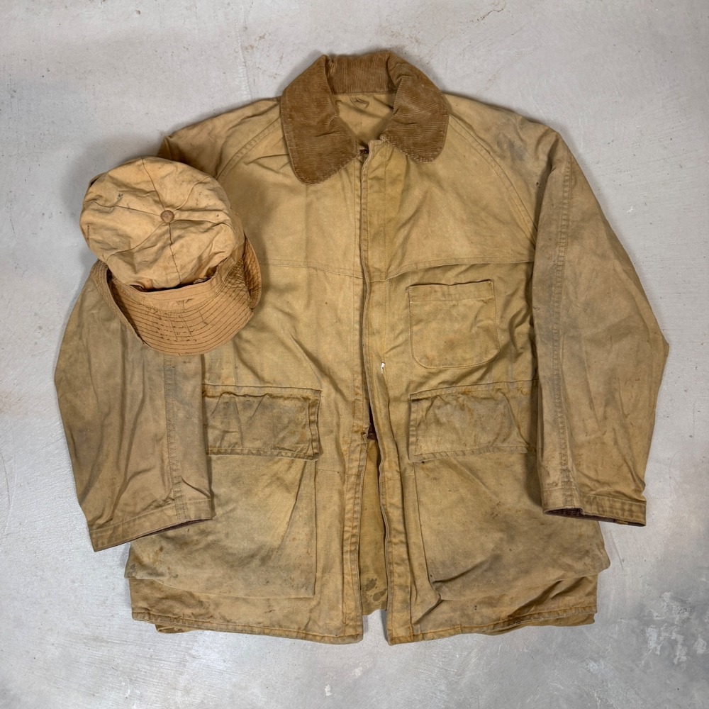 Vintage 50s American Field Hettrick Canvas Hunting Jacket and Hat Set Tan Mens L